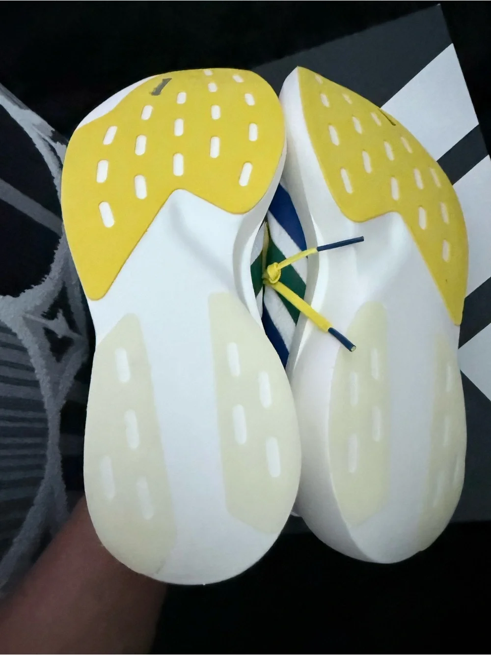 adidas Adizero Men’s White Running Shoes with Blue, Green & Yellow Accents
